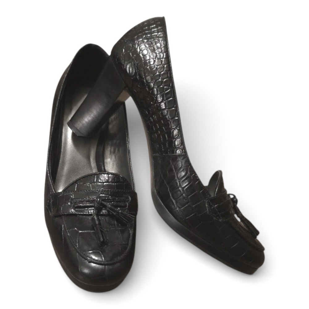 Ann Taylor LOFT Black Croc Embossed Tassel Block Heel Loafer Pumps 5.5M